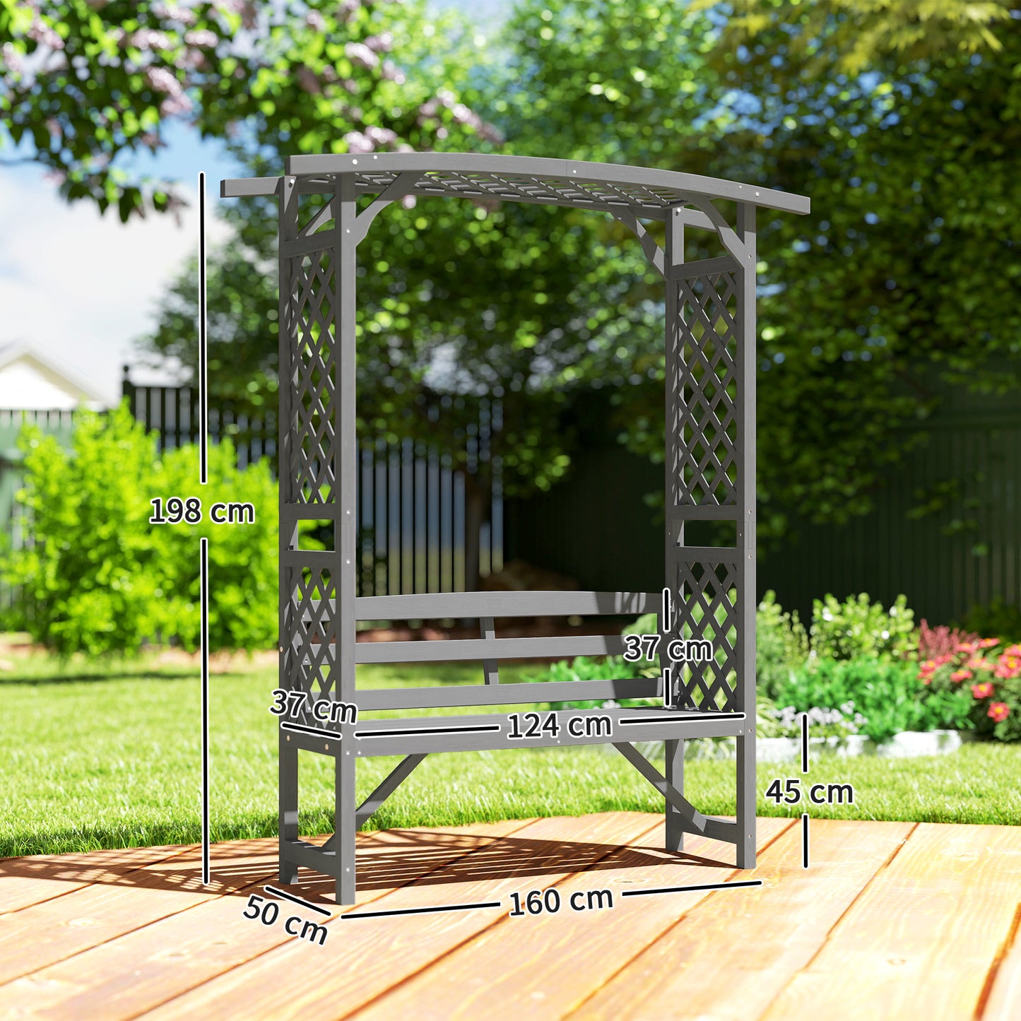 Outsunny Wooden Garden Arbour Bench With Trellis For Climbing Plants And Vines Grey Finish