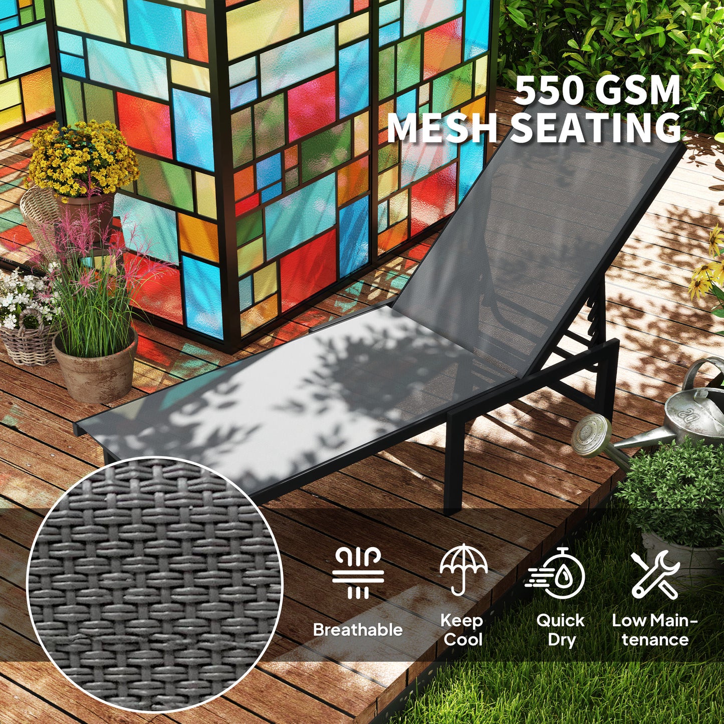 Outsunny Reclining Sun Lounger Grey Adjustable Five Positions Breathable Textiline Seat Powder Coated Steel Frame