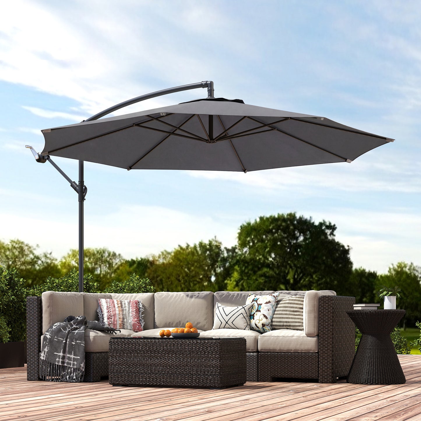 Outsunny 3 Meter Overhanging Cantilever Parasol With Cross Base Grey UV Resistant Polyester Fabric