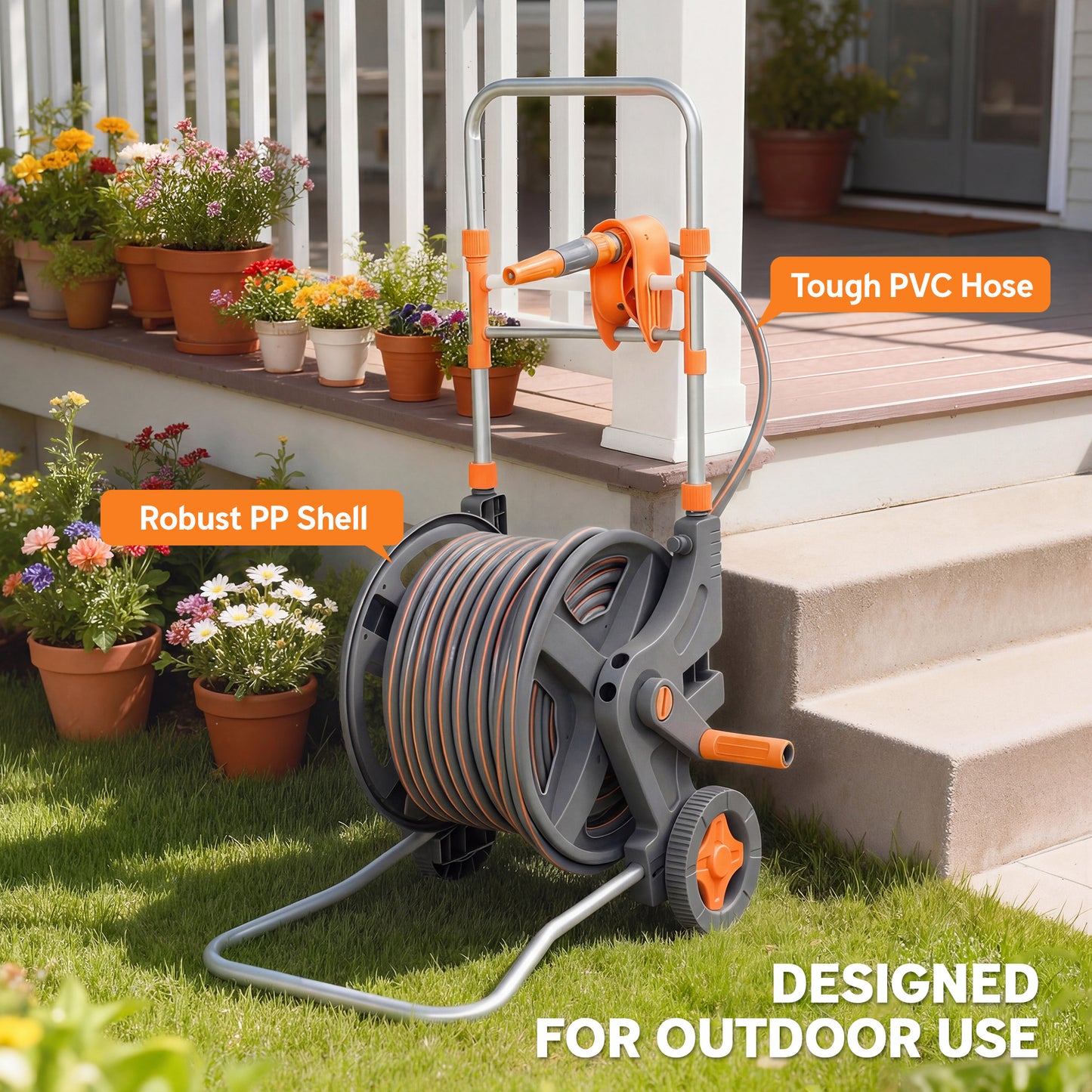 Outsunny Hose Reel Cart With Wheels 45m Garden Hose Reel With 2 Pattern Nozzles And Rewind Handle Orange