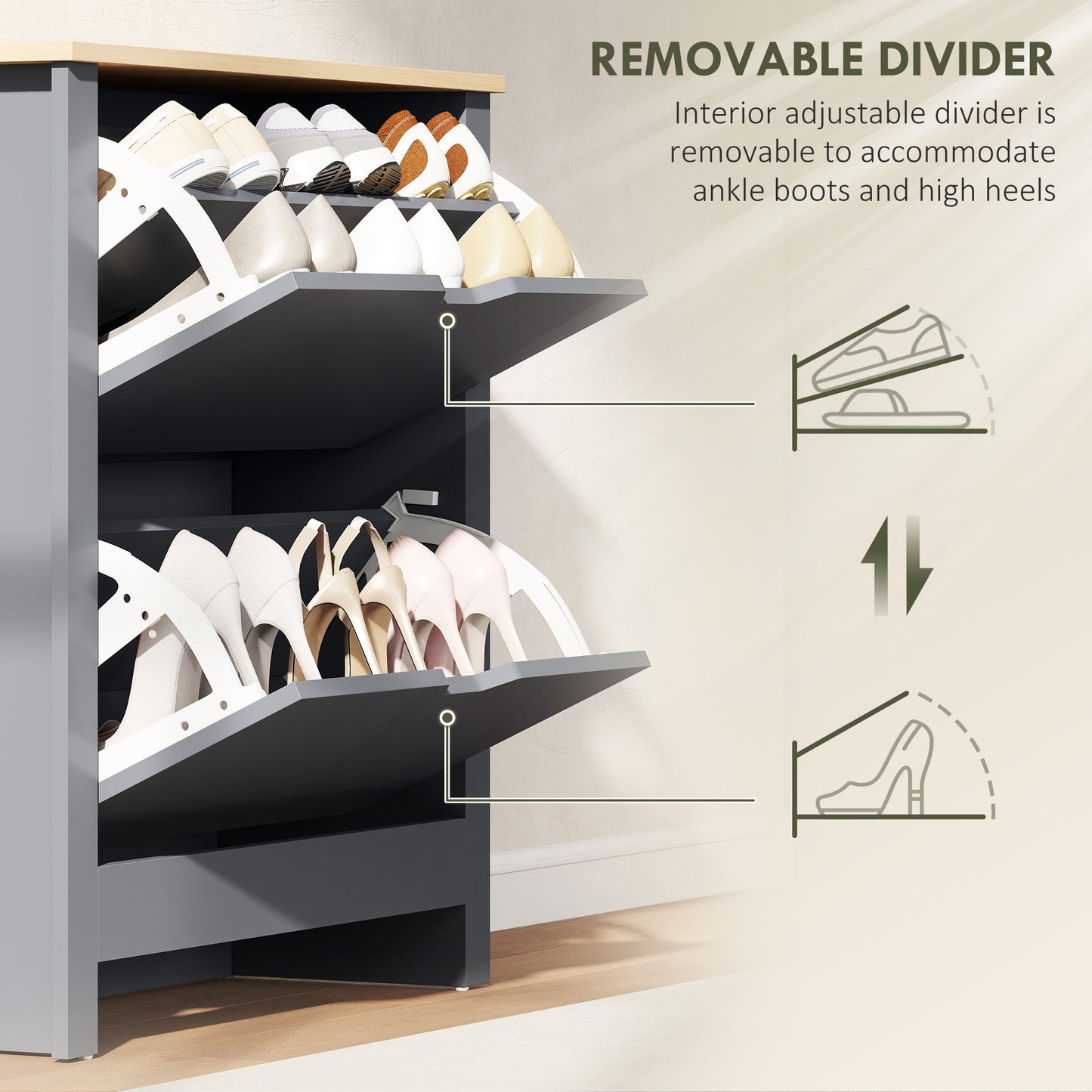 HOMCOM Slim Shoe Cabinet Narrow Cupboard With 2 Flip Drawers And Adjustable Shelves For 12 Pairs Of Shoes Charcoal Grey