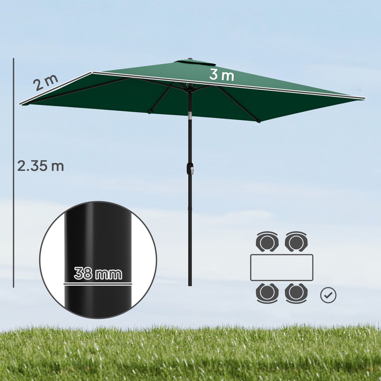 Outsunny Garden Parasol Umbrella With Crank Handle Tilt Function 180g Fade Resistant Polyester Canopy Green