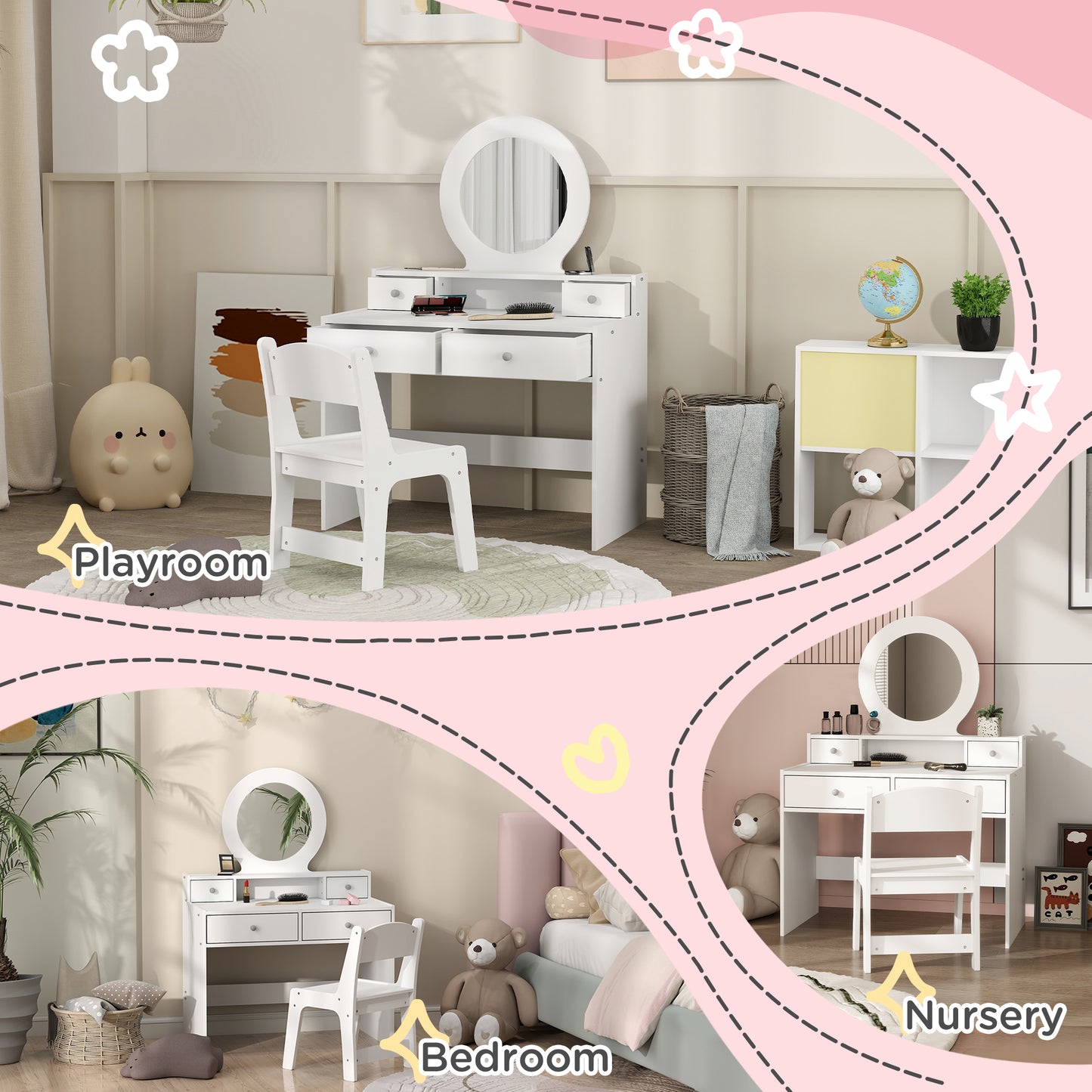 Aiyaplay Kids Dressing Table Set With Stool And Mirror Vanity Table With Storage Drawers Ideal Gift For Ages 3 To 8