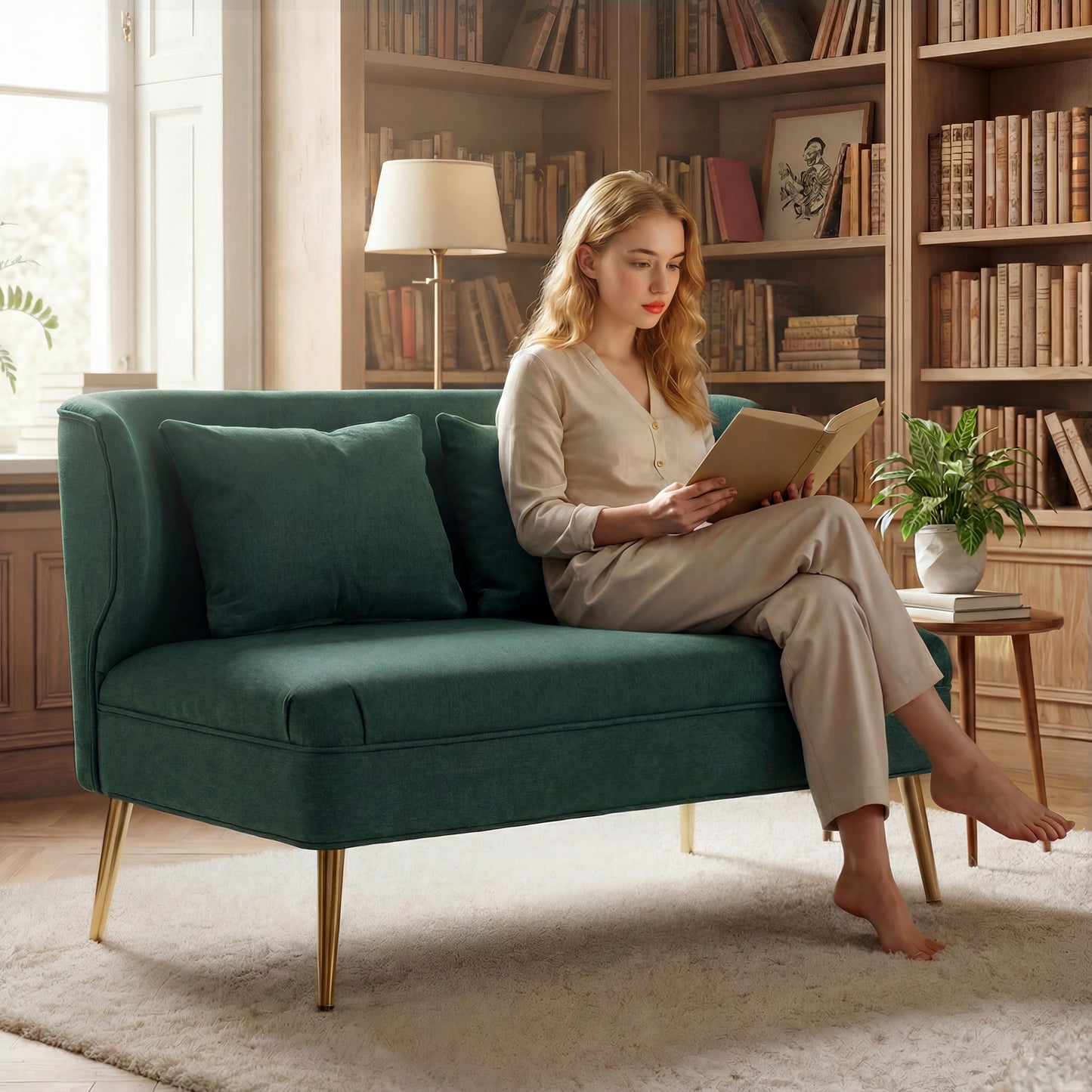 HOMCOM 2 Seater Sofa With Wing Back In Linen Look Fabric Thick Padded Seat Metal Legs Dark Green