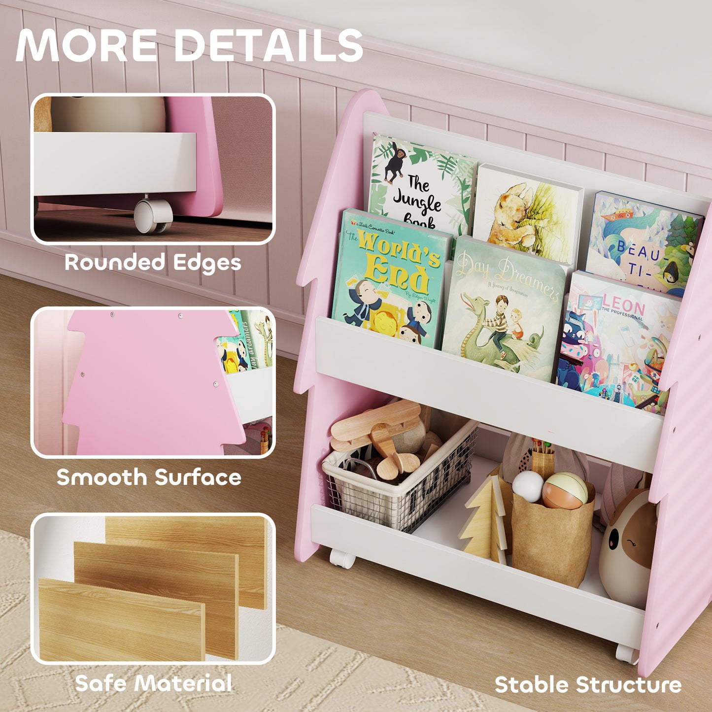 AIYAPLAY Double Sided Kids Bookcase With Toy Storage On Wheels 3 Tier Pink Bedroom Organizer