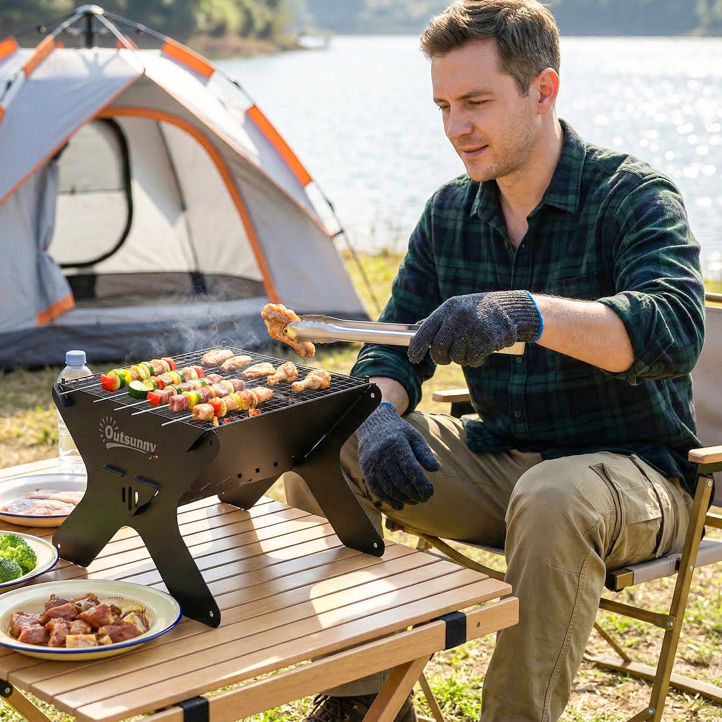 Outsunny 2 In 1 Portable Barbecue Grill And Camping Fire Pit Tabletop Charcoal Grill With Gripper Gloves And Carry Bag