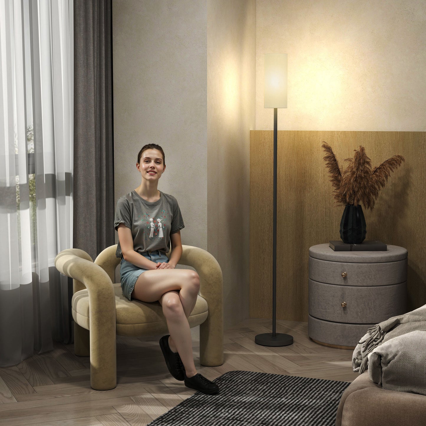 HOMCOM Floor Lamp For Living Room Modern Standing Lamp With Linen Shade And Foot Switch Minimalist Tall Pole White