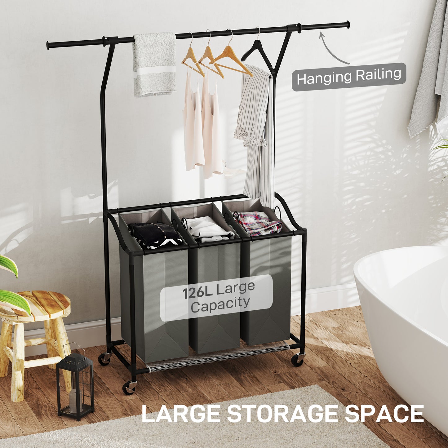 HOMCOM 3x 42L Laundry Basket Unit With Hanging Rail On Wheels Black And Grey With Four Wheels And Brakes
