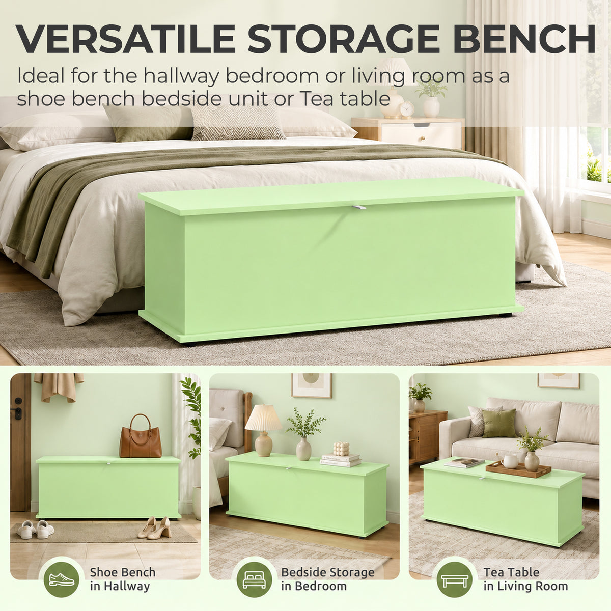 Homcom 114L Green Wooden Storage Bench With Safety Hinge For Home