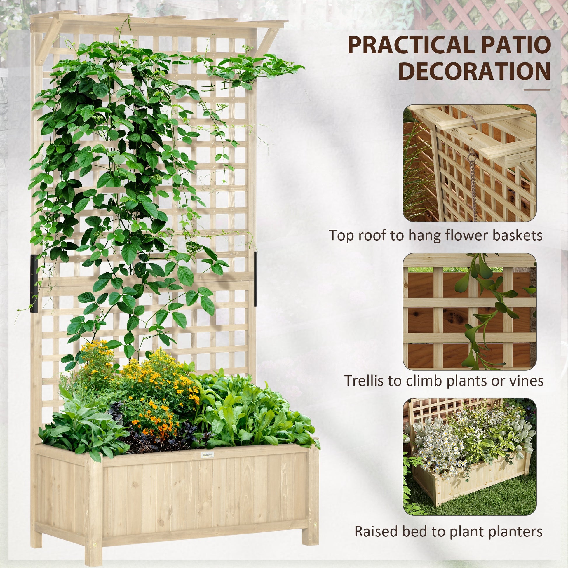 Outsunny Wooden Planter Box with Trellis & Drainage, Ideal for Growing Vegetables and Climbing Plants - ALL4U RETAILER LTD