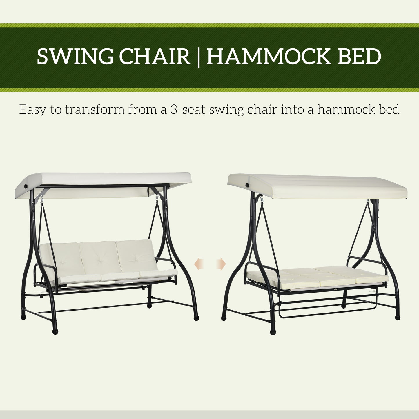 Outsunny 3 Seater Canopy Swing Chair 2 In 1 Garden Swing Seat Bed With Adjustable Canopy And Metal Frame Cream White