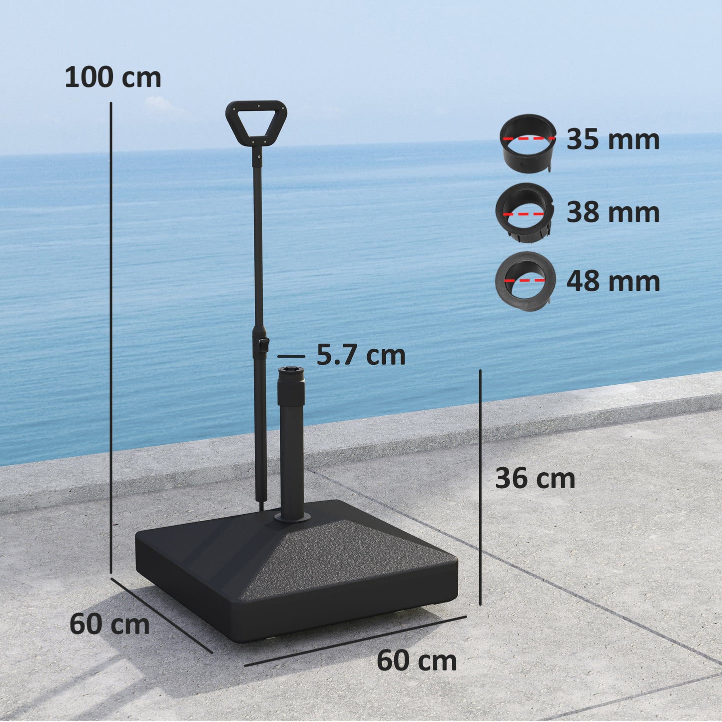 Outsunny Parasol Base With Wheels And Handle, 55kg With Stand Or 45kg With Water, Fits 35 38 48mm Poles, Black