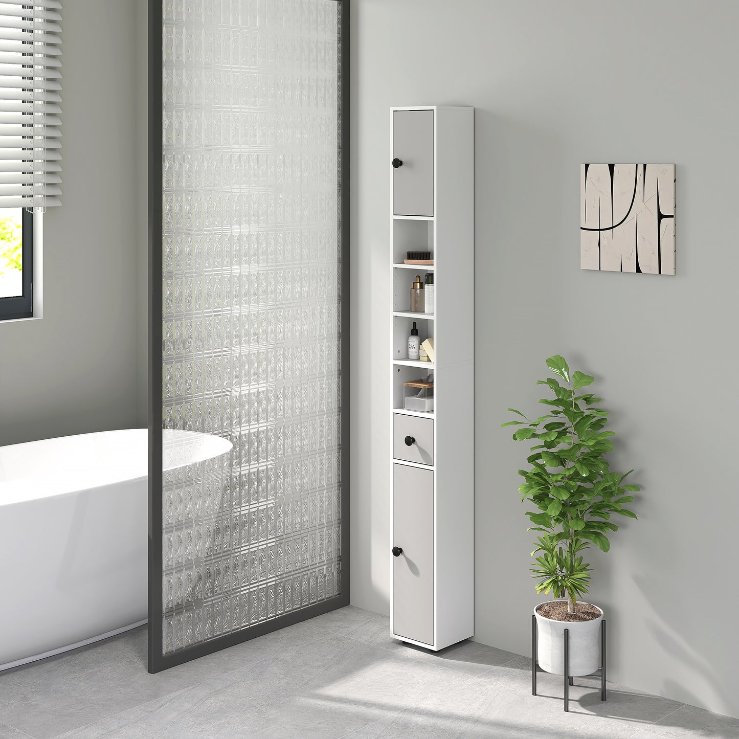 Kleankin 180cm Slim Bathroom Cabinet With Drawer Shelves And Cupboards Light Grey