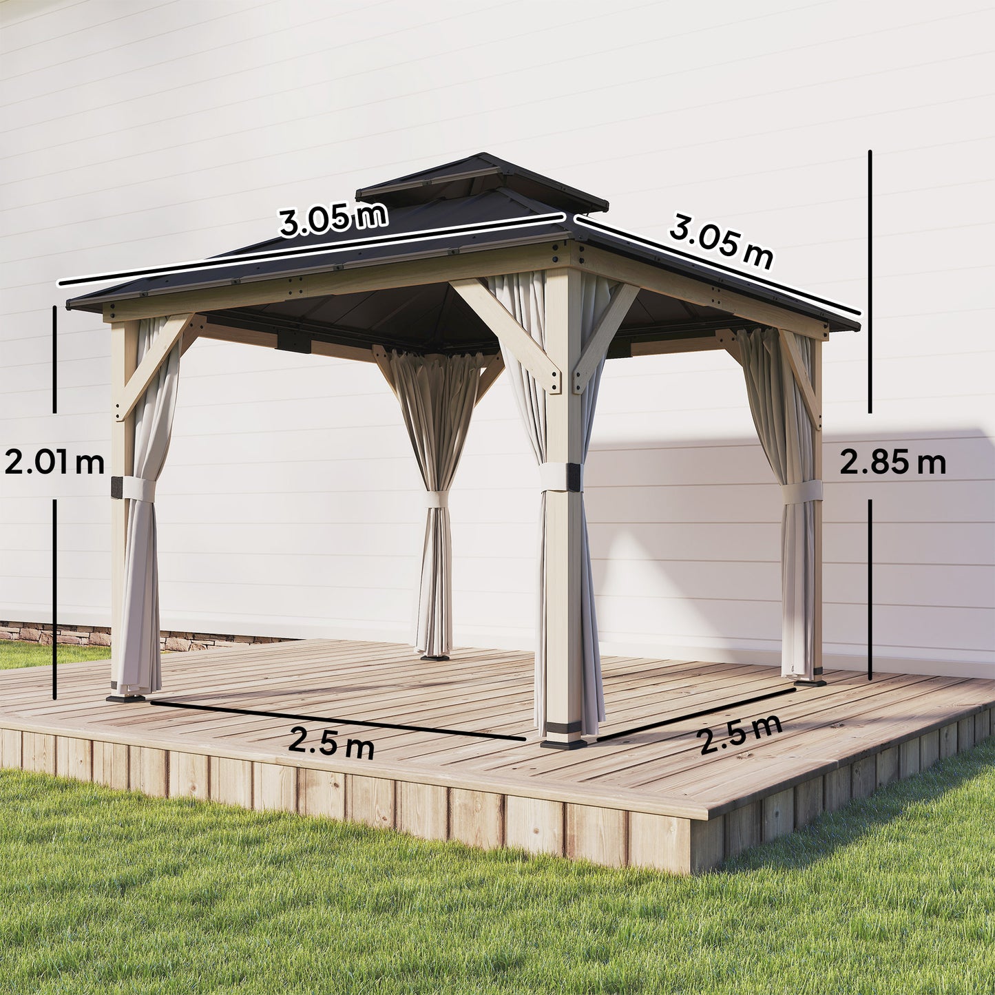 Outsunny 3 x 3 m Outdoor Hardtop Gazebo Canopy With Curtains And 2 Tier Steel Roof Wood Garden Gazebo Light Grey