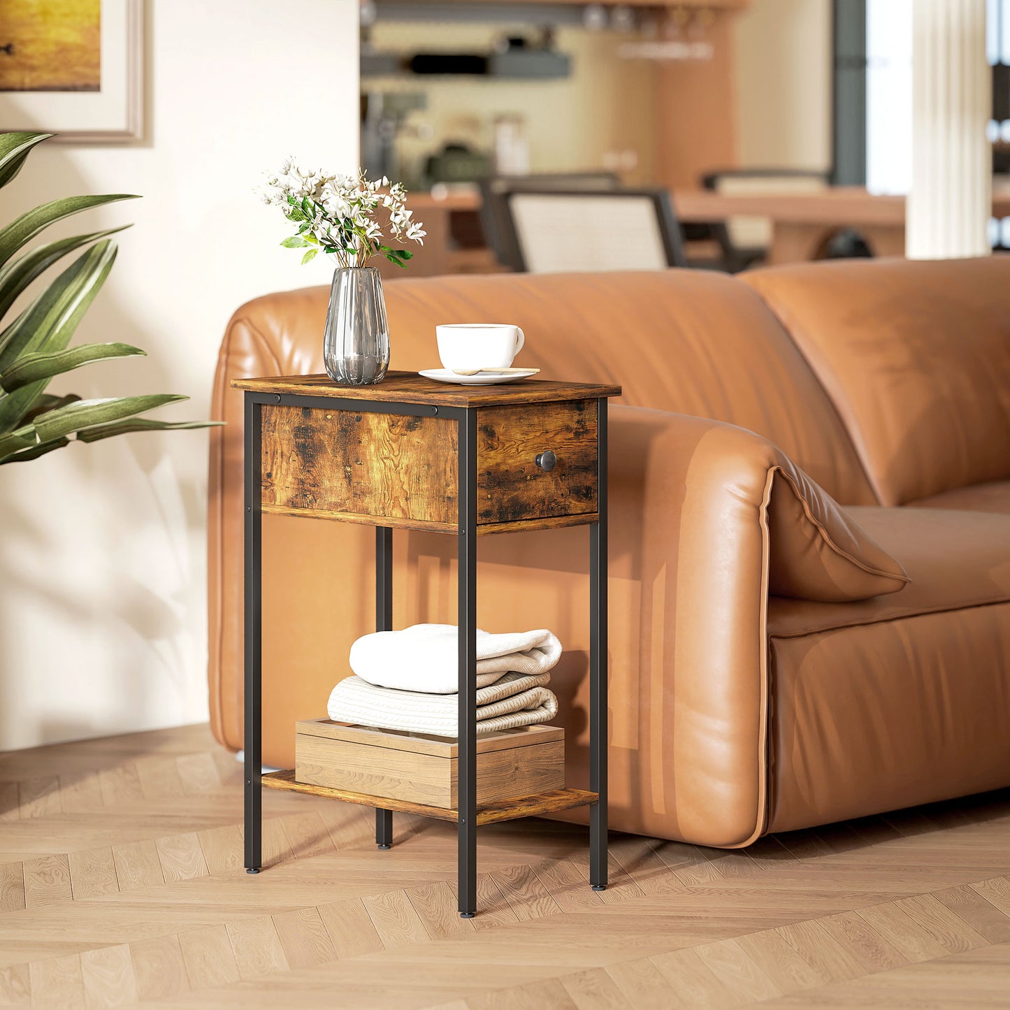 HOMCOM Narrow Side Table With Drawer And Storage Shelf Industrial Rustic Brown And Black Frame