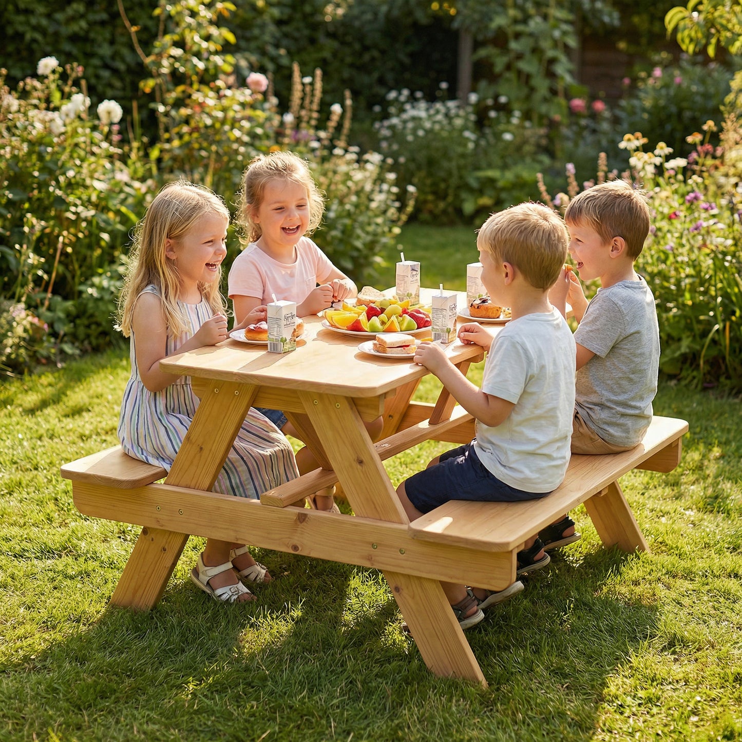 AIYAPLAY Kids Outdoor Picnic Table And Integrated Benches In Solid Fir Wood Natural Finish For Stable A Frame Design