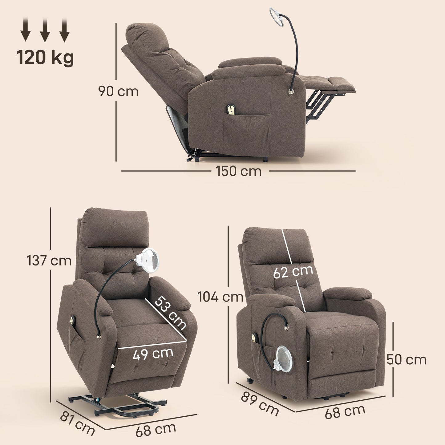 HOMCOM Electric Rise And Recline Armchair With Reading Light Brown Rises To 45 Degrees And Reclines To 135 Degrees