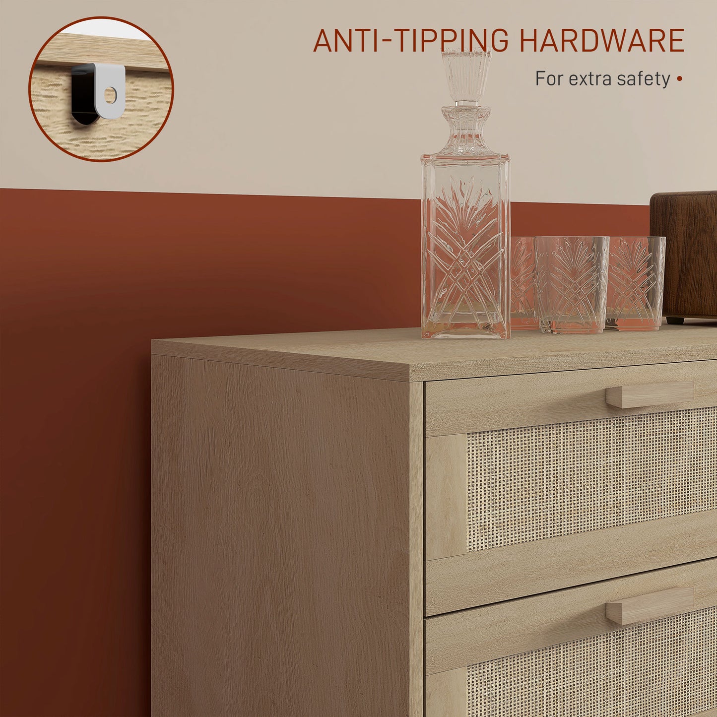 HOMCOM 6 Drawer Tall Chest Of Drawers With Rattan Element Oak Finish For Bedroom And Living Room