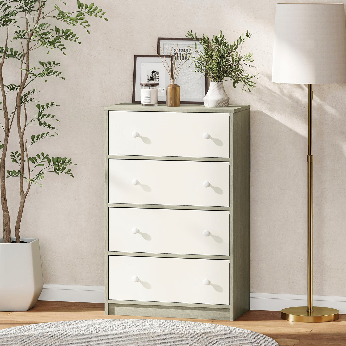 HOMCOM Chest Of Drawers Dresser With Four Fabric Drawers White And Grey Wood Effect MDF Steel Frame