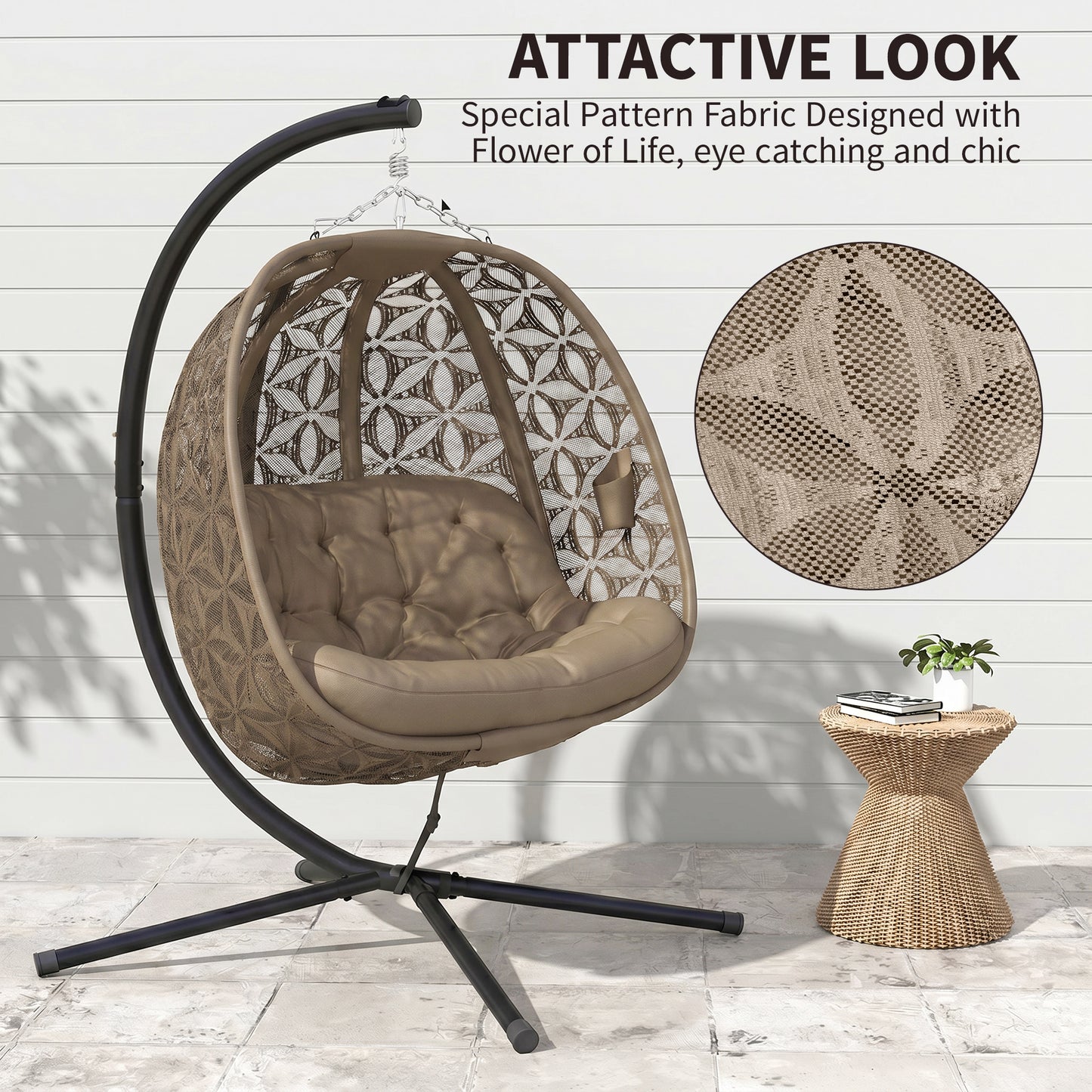 Outsunny Outdoor Double Hanging Chair With Cushion And Cup Holders Sand Brown Sturdy Steel Frame With Four Leg Base