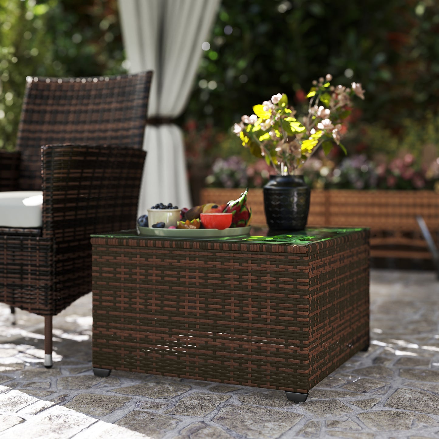 Outsunny 62 By 62 Cm Tempered Glass Top Rattan Side Table Brown Garden Outdoor Furniture