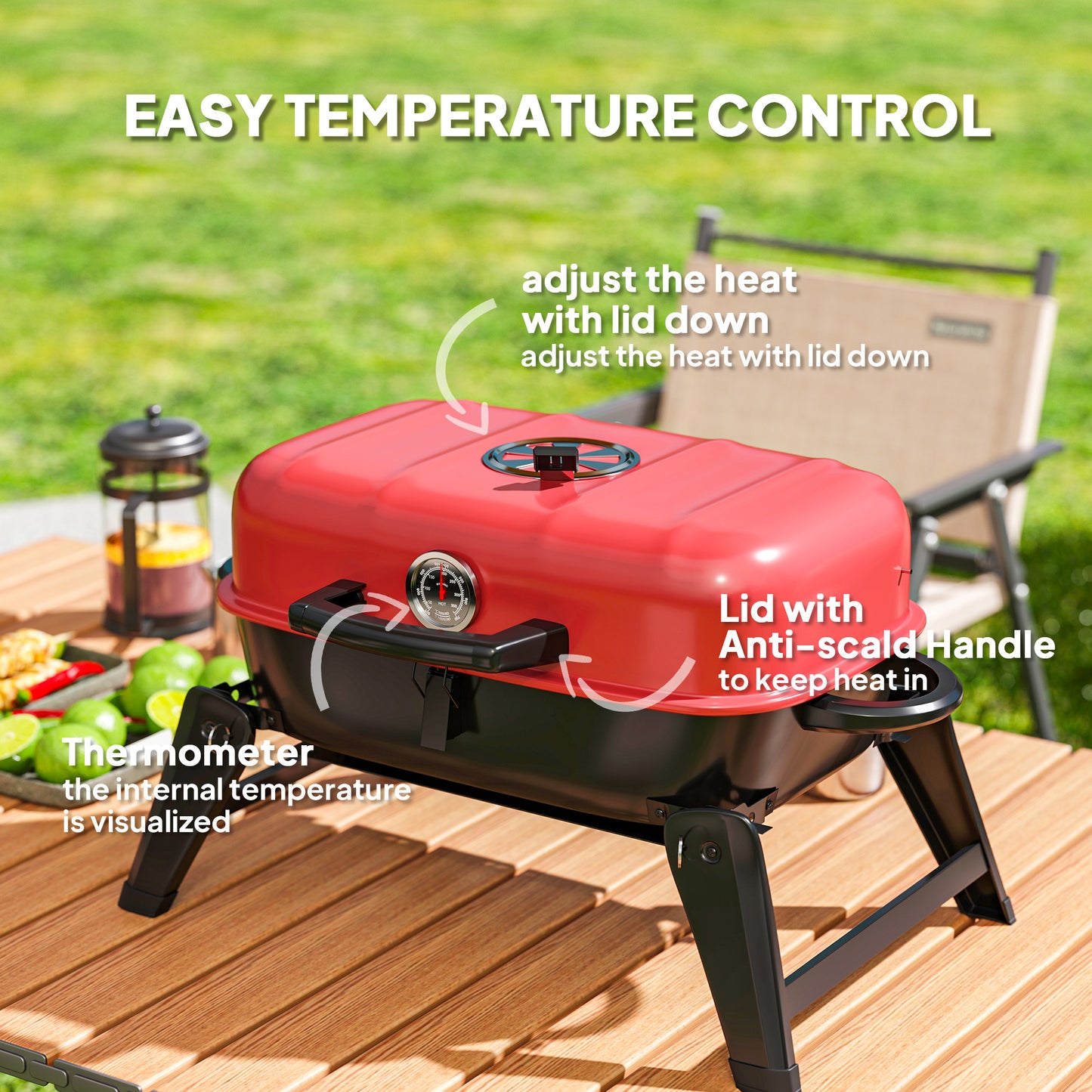 Outsunny Charcoal Folding Barbecue Grill With 1232 CM2 Cooking Area Adjustable Vent Thermometer And Handles Red