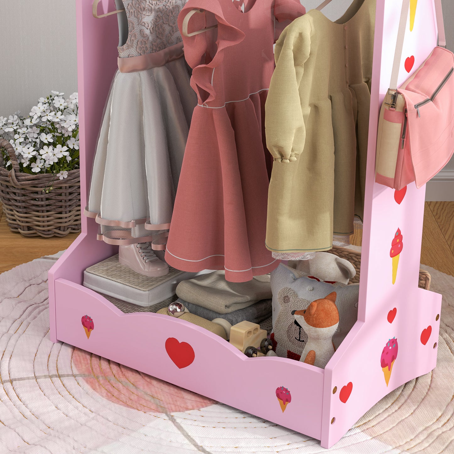 Women's Aiyaplay Kids Clothes Rail, Kids Dressing Mirror With 360° Rotating, 2 Piece Kids Furniture Set With Storage Shelves,