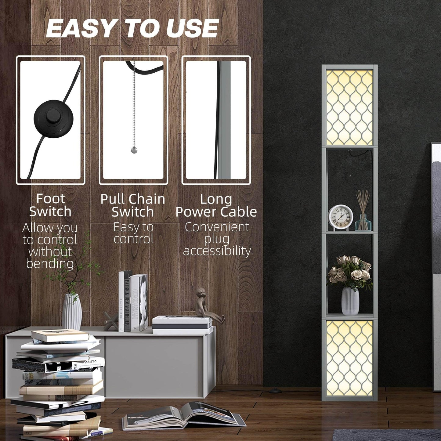 Modern Light Grey Standing Floor Lamp with Dual Shelves and Pull Chain Switch - ALL4U RETAILER LTD