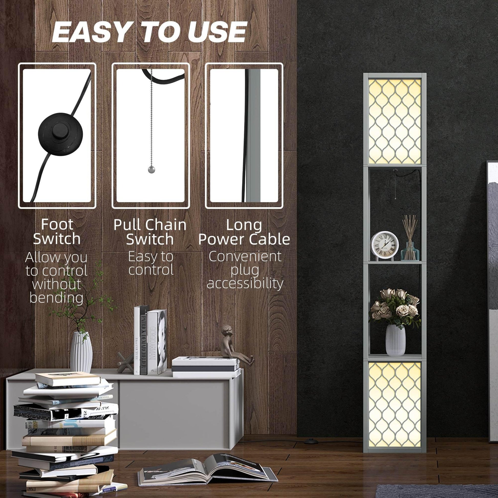 Modern Light Grey Standing Floor Lamp with Dual Shelves and Pull Chain Switch - ALL4U RETAILER LTD
