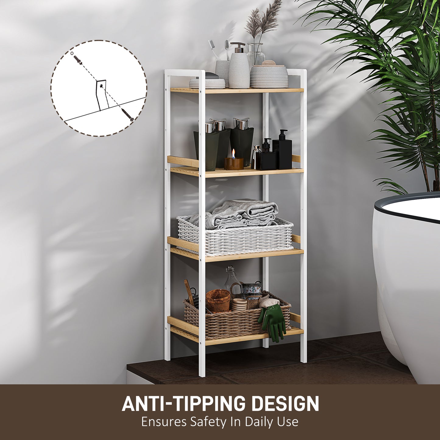 HOMCOM Four Tier Bamboo Adjustable Storage Shelf Unit for Bathroom and Home Organization with Seven Level Adjustments