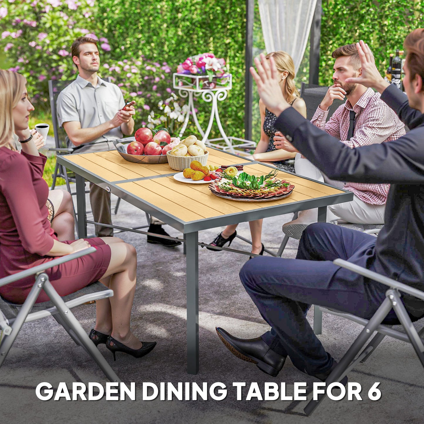Outsunny 6 Seater Outdoor Dining Table 150 cm With Wood Effect Top Umbrella Hole Rust Resistant Frame Wood Finish