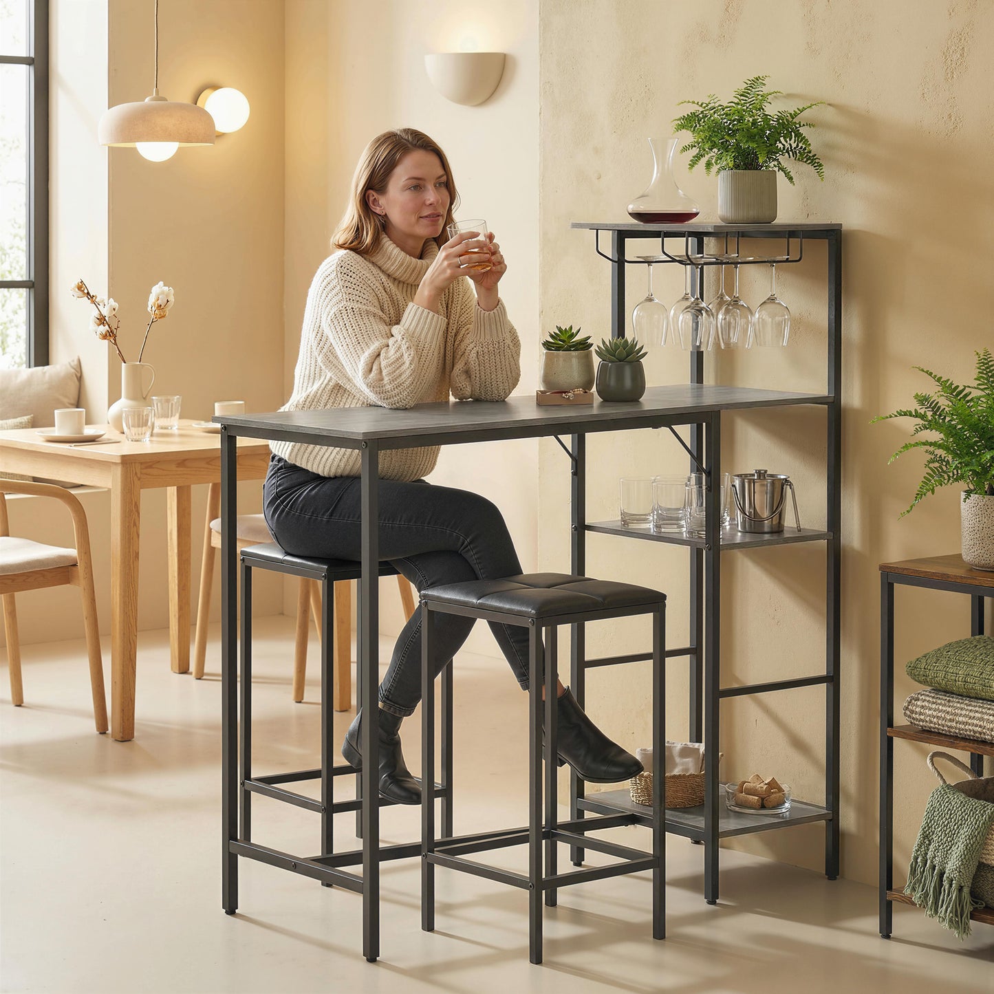 HOMCOM 3 Piece Breakfast Bar Table And Stools Set Washed Grey With 4 Tier Shelving And Wine Glass Racks