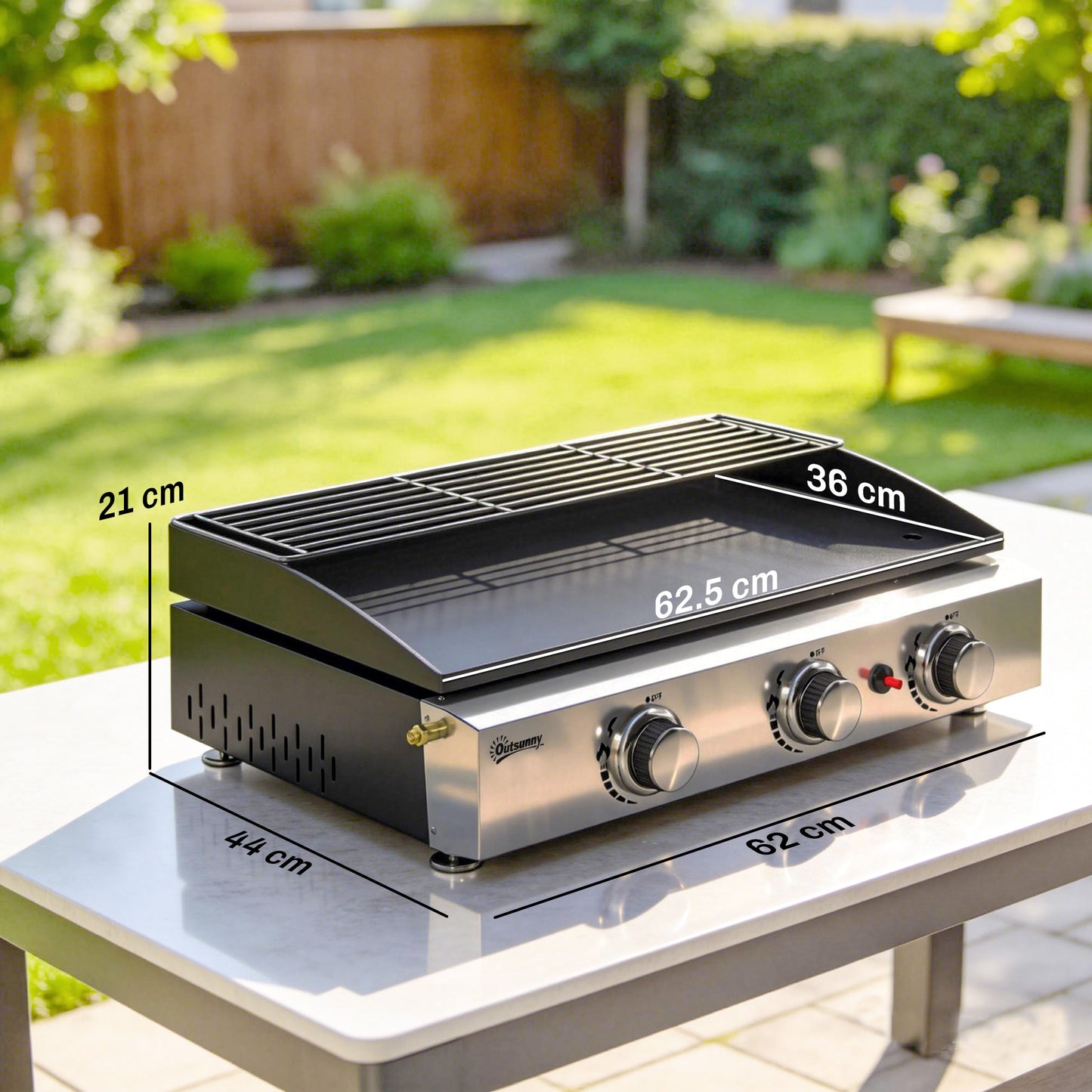 Outsunny 3 Burner Gas Grill Griddle Portable Plancha With Warming Rack And Grease Cup 7.5 Kilowatt Tabletop Black