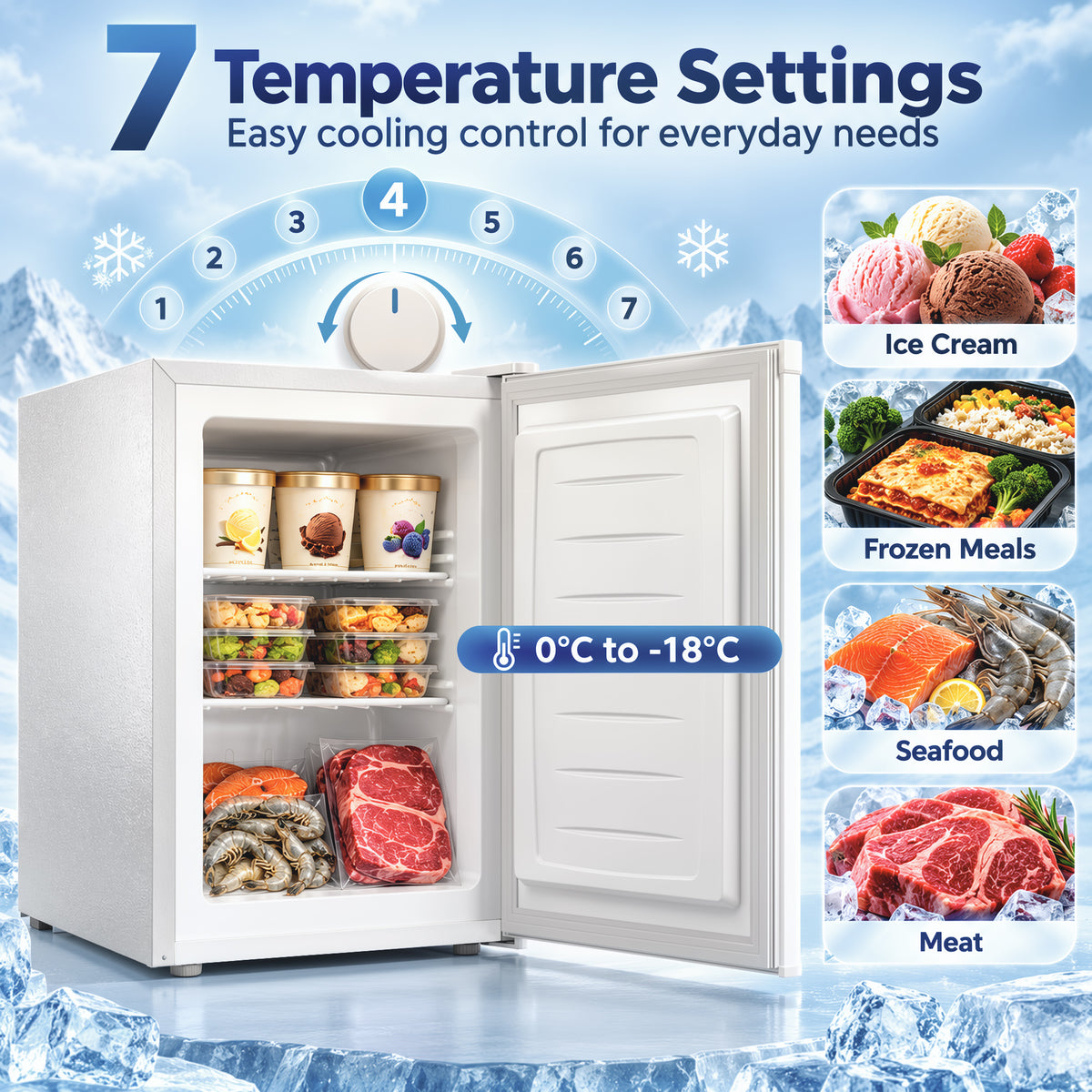 White mini freezer with open door showing internal shelves and storage compartment