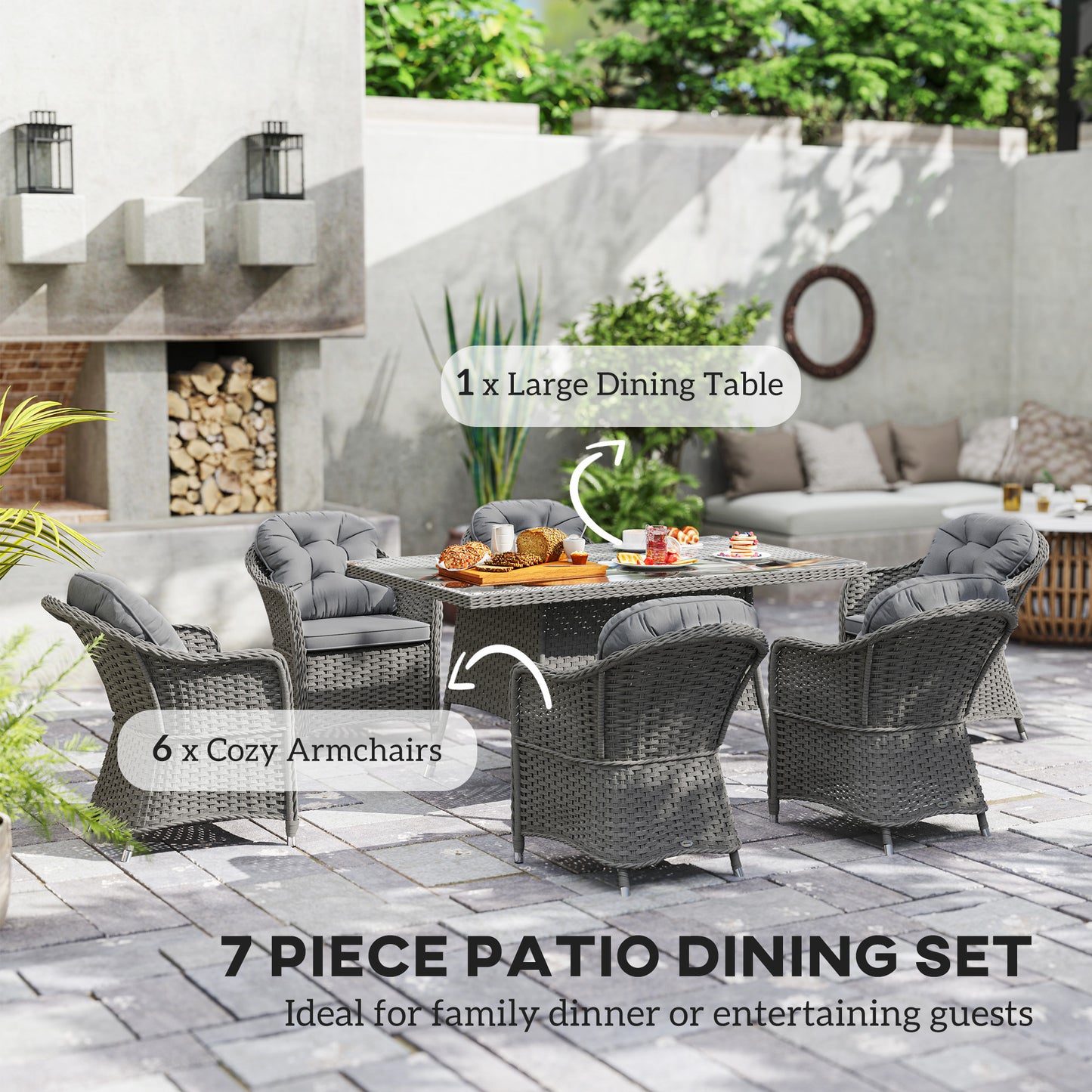 Outsunny Seven-Piece Rattan Dining Set With Six Chairs And Large Table In Light Grey