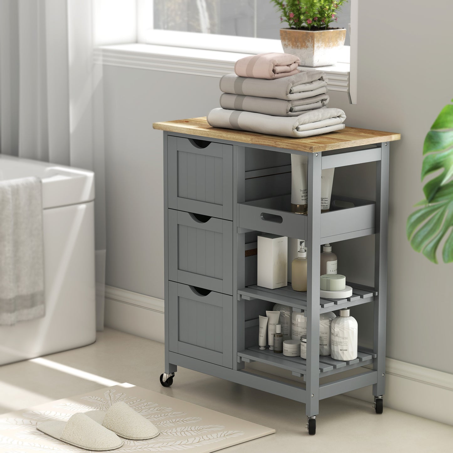 HOMCOM Rolling Kitchen Island Cart With Wood Top Grey Bar Serving Cart On Wheels Shelves And Drawers