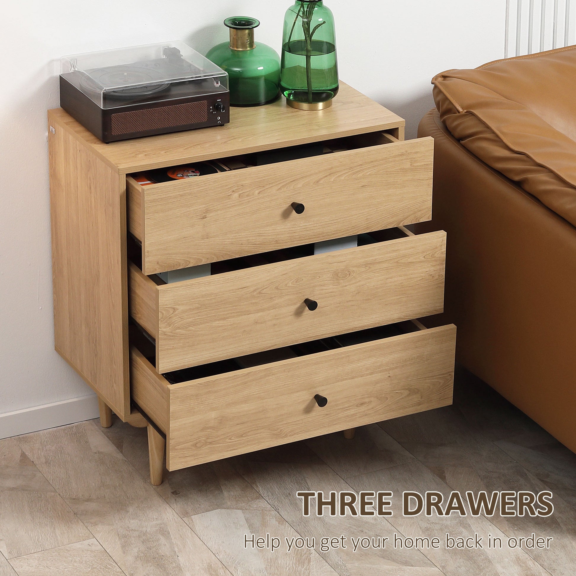 HOMCOM 3-Drawer Storage Chest with Wood Legs for Bedroom and Living Room, Natural Finish - ALL4U RETAILER LTD