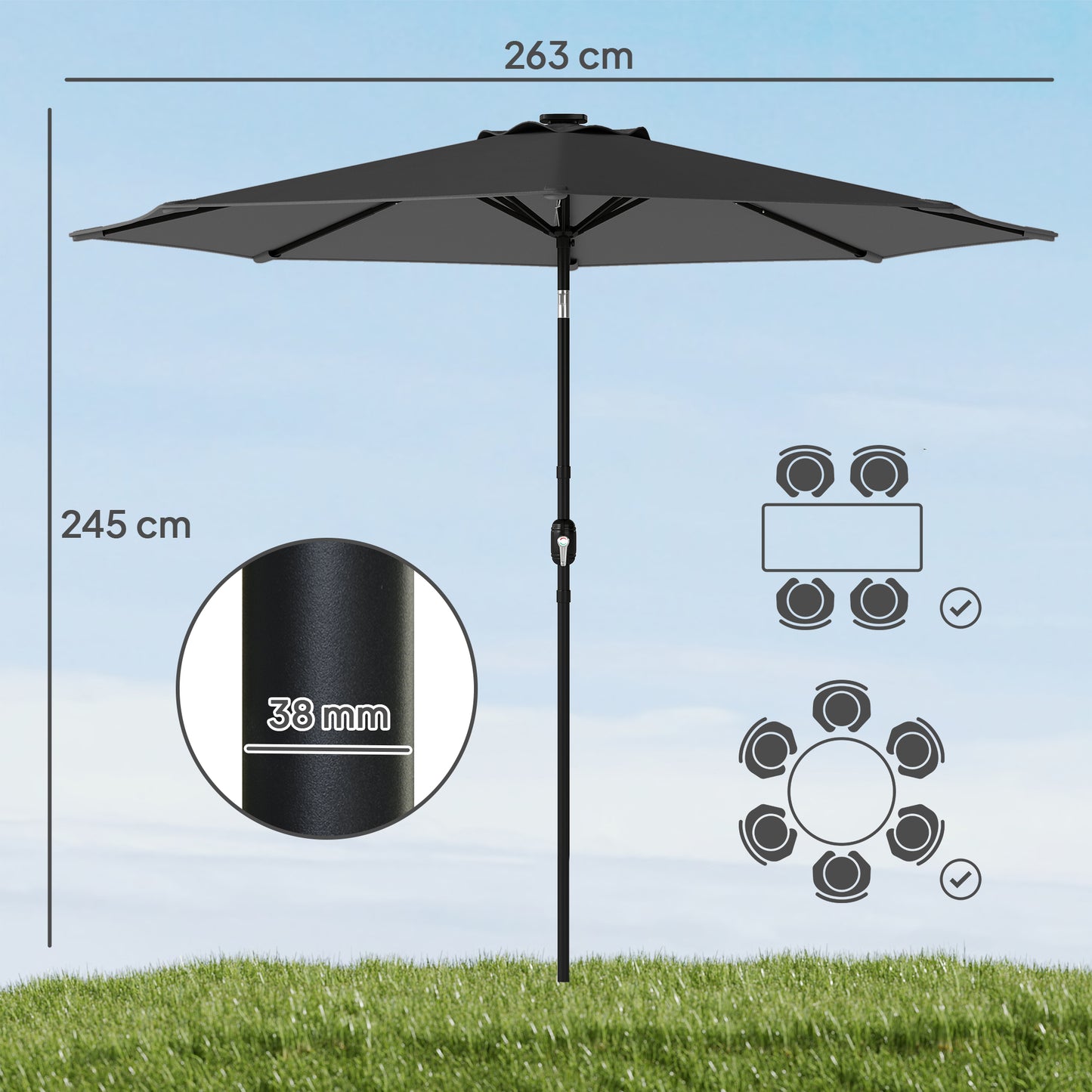 Outsunny 2.6m Garden Parasol Umbrella With LED Solar Light Parasol Cover Outdoor Market Patio Black