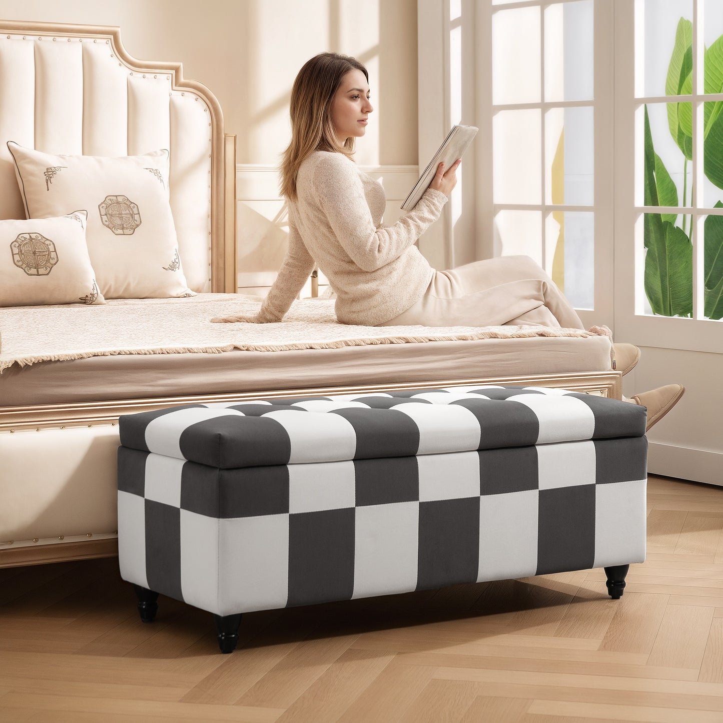 HOMCOM Storage Ottoman Bench With Wood Legs Velvet Surface Dark Grey White 114 x 47 x 47 cm