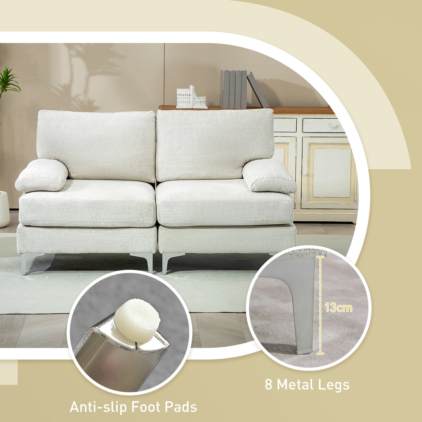 HOMCOM Contemporary Cream White Loveseat Sofa with Spring Cushions and Sturdy Metal Legs - ALL4U RETAILER LTD