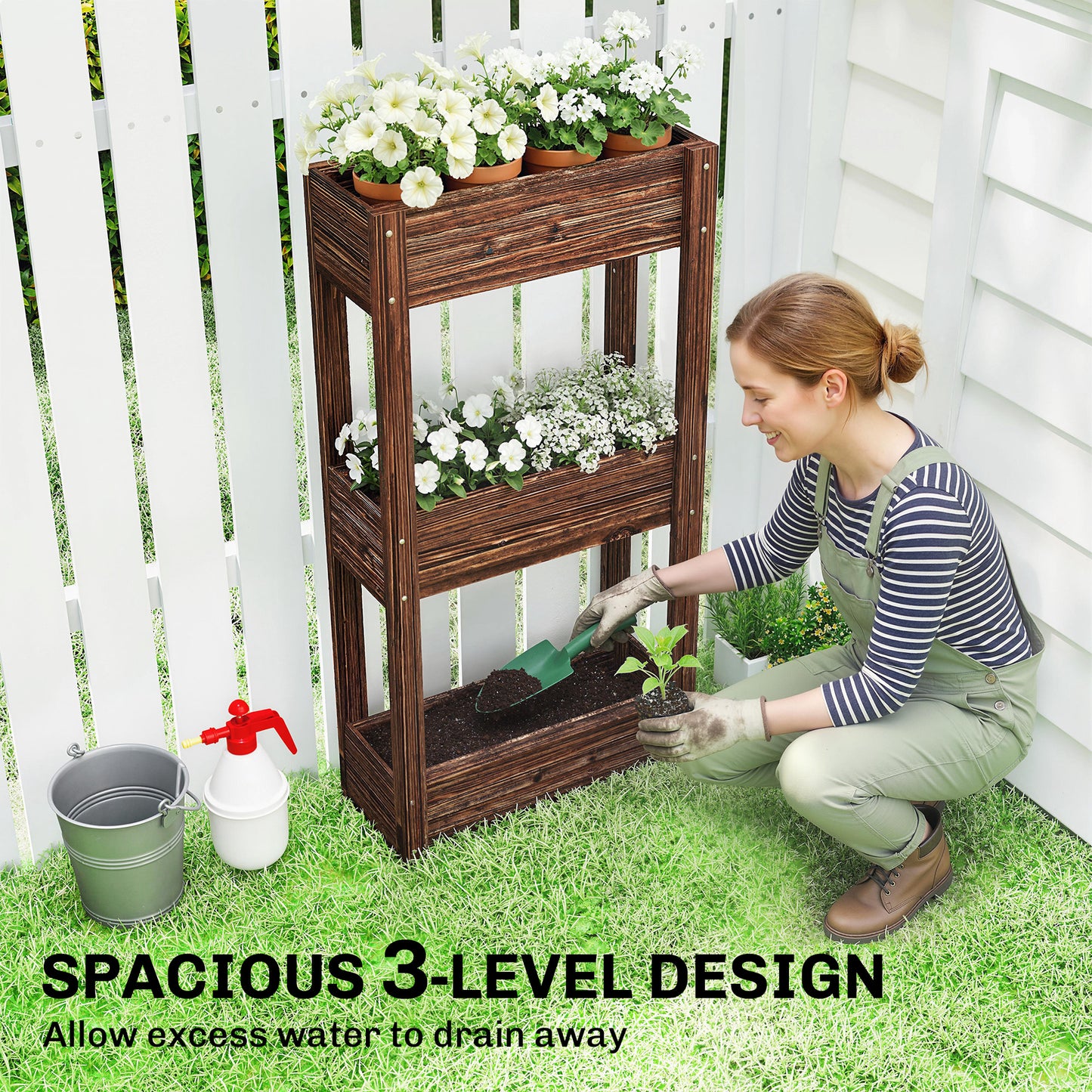 Outsunny Three Tier Wooden Raised Planter Legs Drainage Holes Bed Liner Elevated Garden Bed