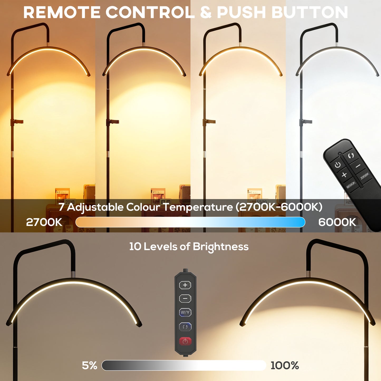 HOMCOM Half Moon Lash Light Floor Lamp With 350 Degree Rotatable Head 7 Color Temperatures Dimmable Phone Holder Black