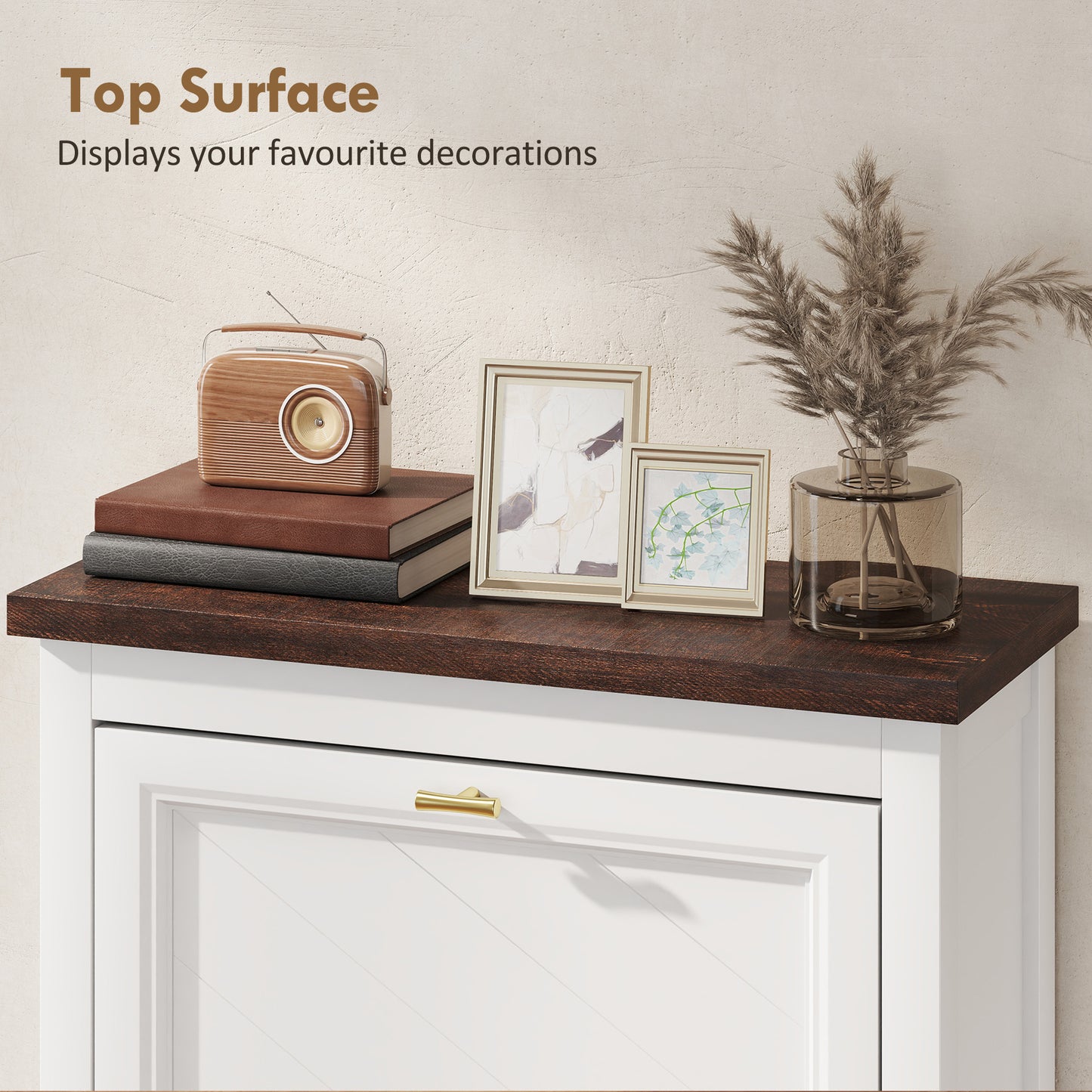 HOMCOM Narrow Farmhouse Shoe Cabinet With 2 Flip Drawers And Adjustable Shelves In White