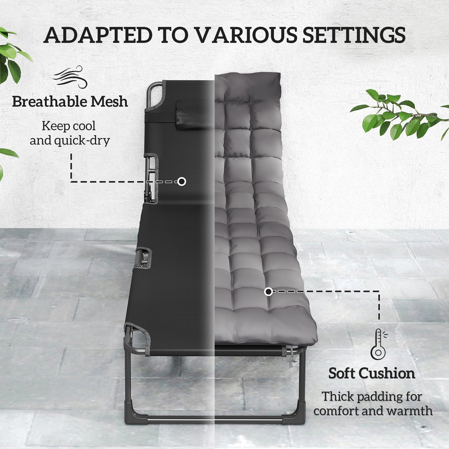 Outsunny Folding Sun Lounger With Cushions For Garden 5 Position Oversized Camping Bed Recliner In Dark Grey