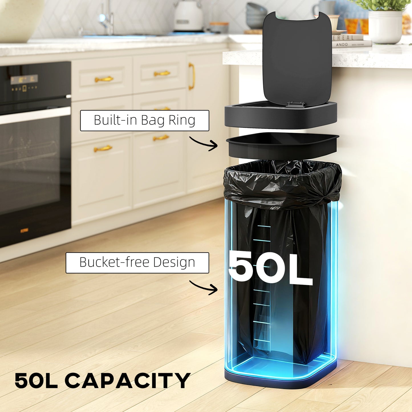 HOMCOM 50L Sensor Bin Automatic Touchless Kitchen Bin With Manual Override Battery Operated Inner Bucket Free
