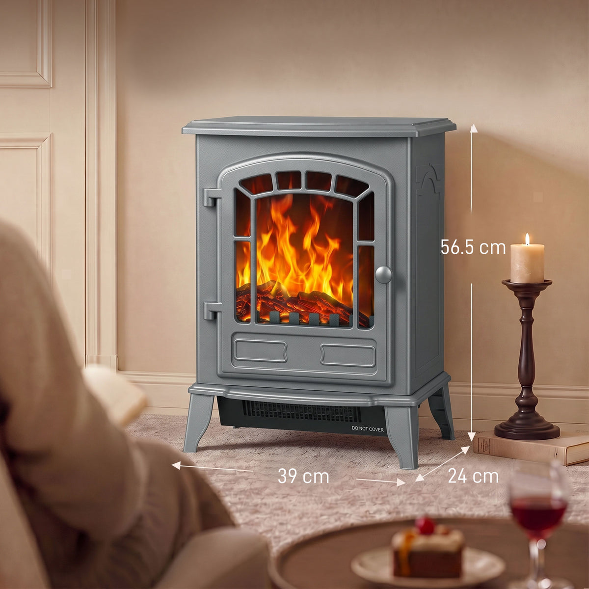 Homcom Freestanding Electric Fireplace Heater With Led Flame Effect Grey