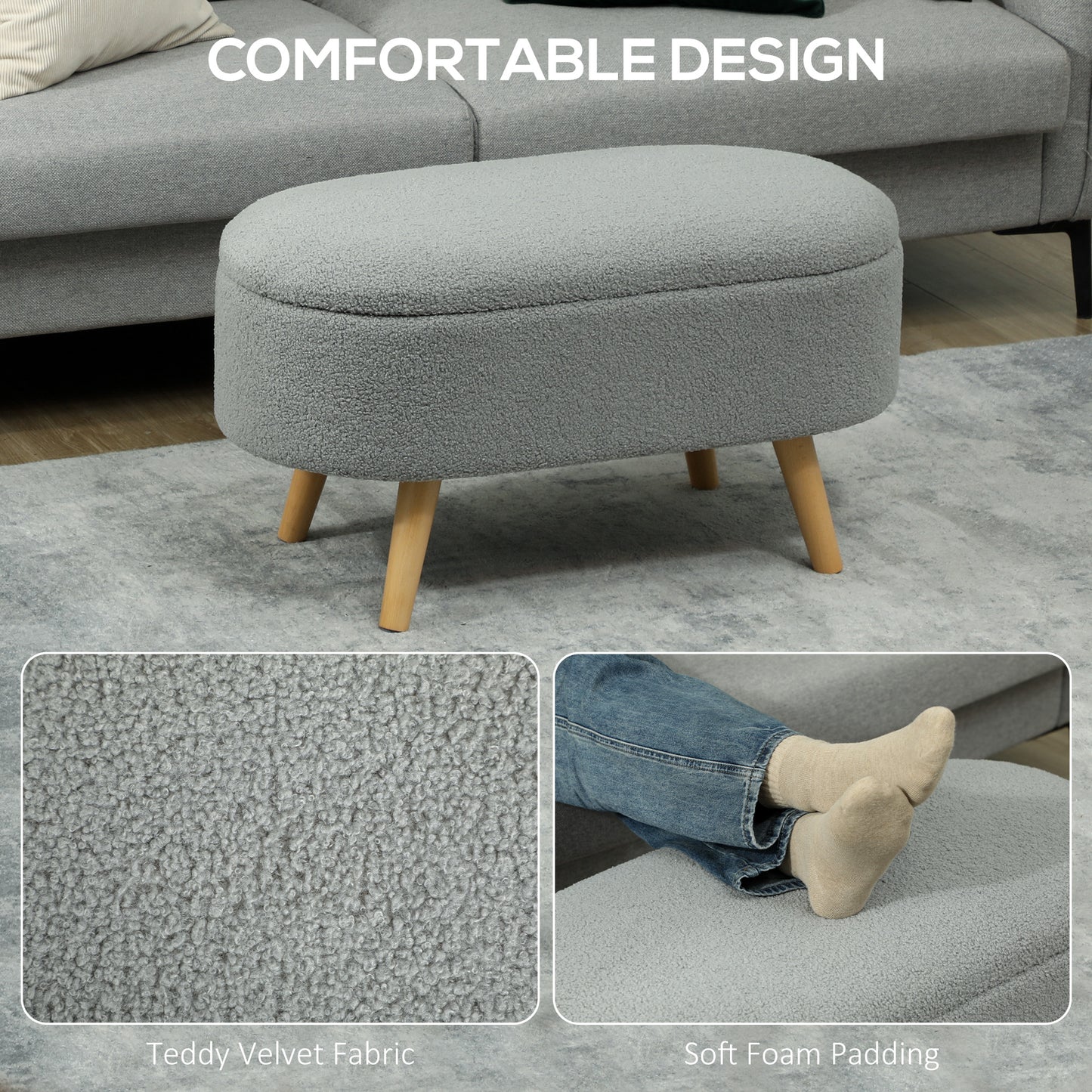 HOMCOM Teddy Fleece Storage Ottoman Grey With Inner Storage Space 72 x 32 cm Padded Seat And Pine Wood Legs