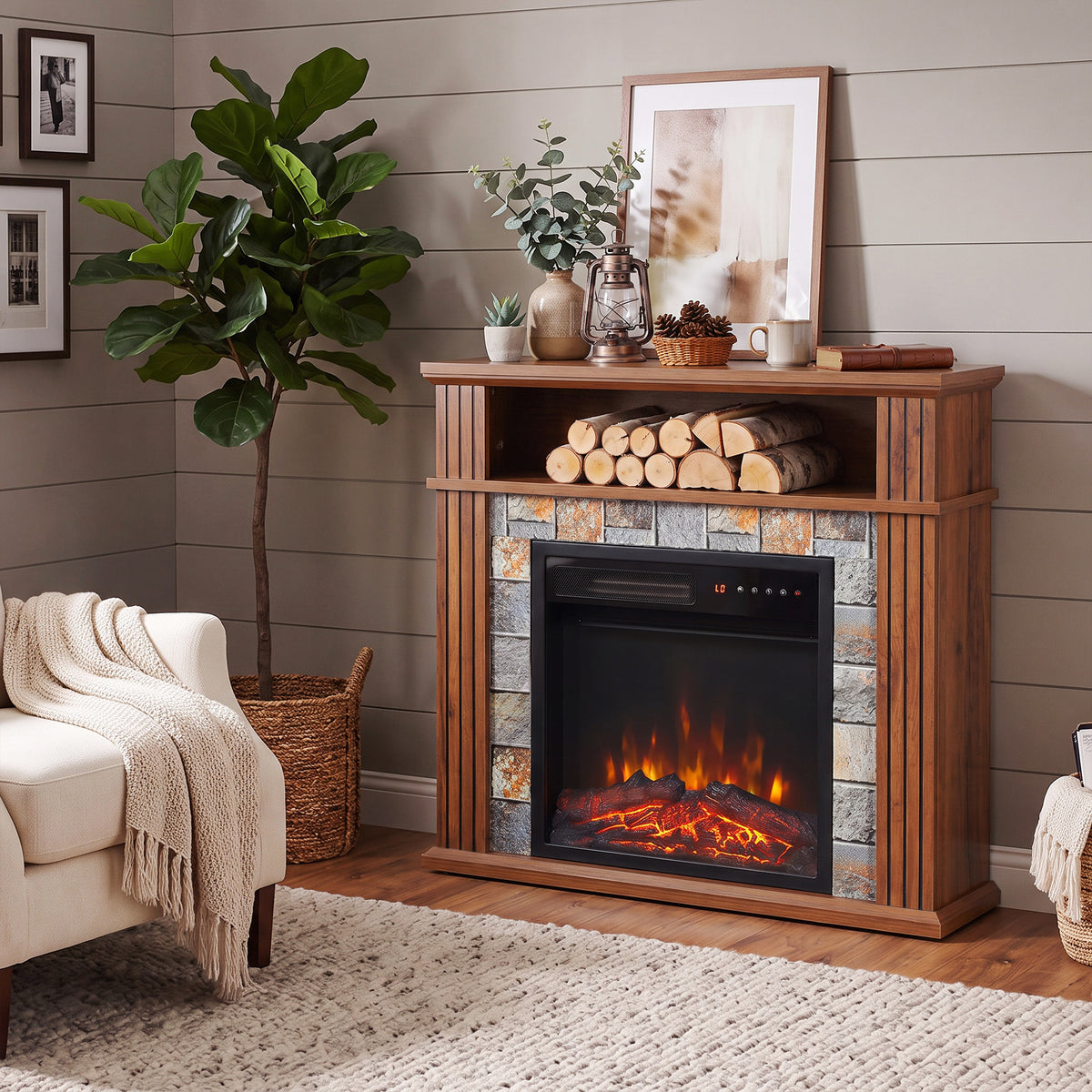 Grey electric fireplace TV stand with log storage area and flame display in fireplace
