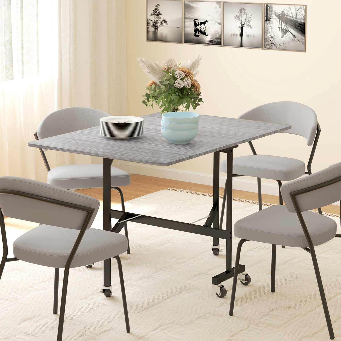 HOMCOM Six Seater Drop Leaf Dining Table With Wheels Grey Wood Effect Foldable To 26cm For Small Spaces