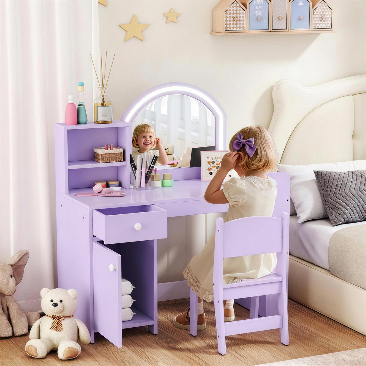 Kids Vanity Table Chair Set Led Mirror Storage Cabinet Purple